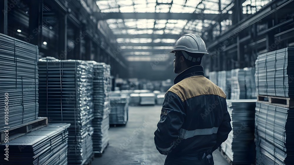 Industrial Worker in a Warehouse with Stacks of Metal Sheets Industrial Worker in a Warehouse with Stacks of Metal Sheets