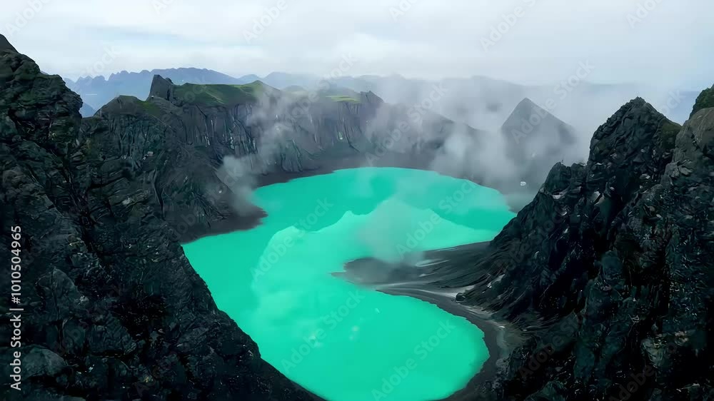 land’s sharp rocky formations withturquoise acid lake surrounded fog view rugged natural volcanic landscape volcano mountain island