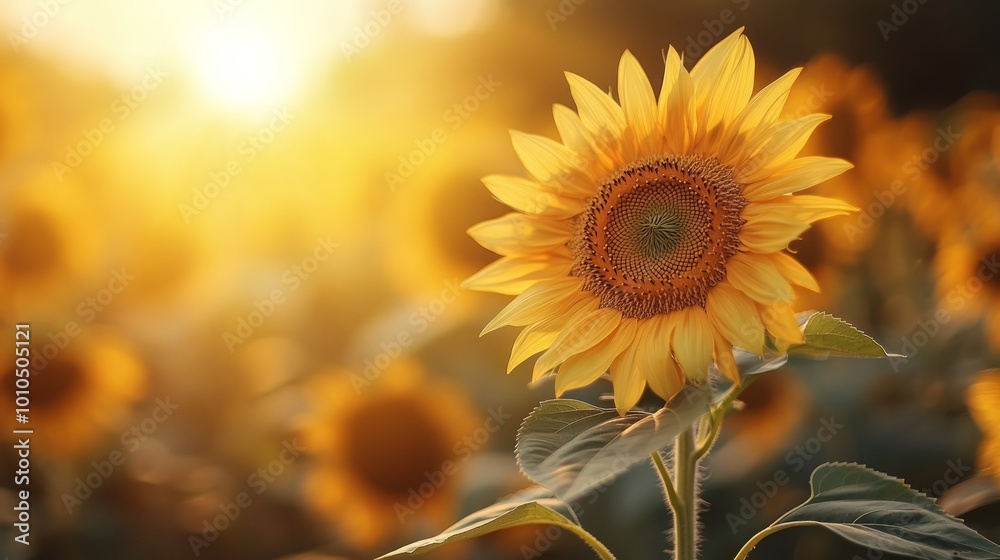 Fototapeta premium A single sunflower stands tall in a field of sunflowers, bathed in the warm glow of the setting sun.