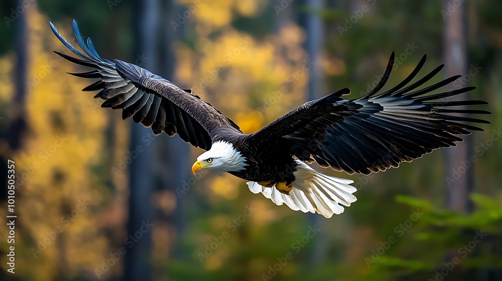 Obraz premium Bald Eagle in Flight Against Blurry Forest Background