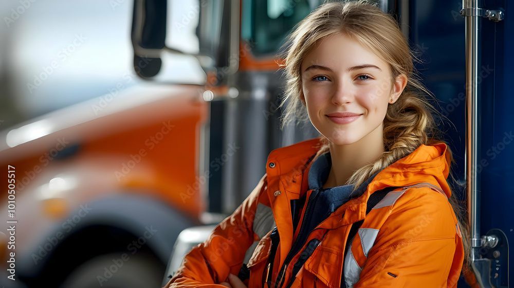 Woman in Orange Jacket Smiles Confidently, Truck Driver, Happy, Job Satisfaction, Career, Transportation, Work, Driving