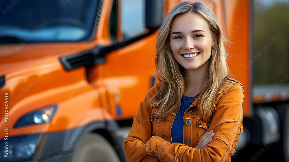 Woman Truck Driver Smiling Confidently Near Big Rig Woman Truck Driver Smiling Confidently Near Big Rig