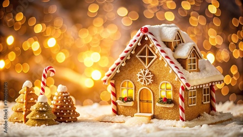 Festive and bright gingerbread house surrounded by candy canes in a holiday setting