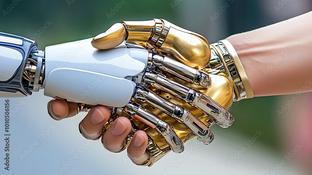 Obraz premium Human Hand Shaking a Robotic Hand Concept of Artificial Intelligence and Future Technology