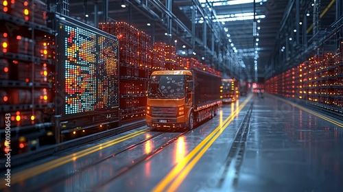 AR-driven logistics center with autonomous systems and real-time data visualizations for efficient distribution