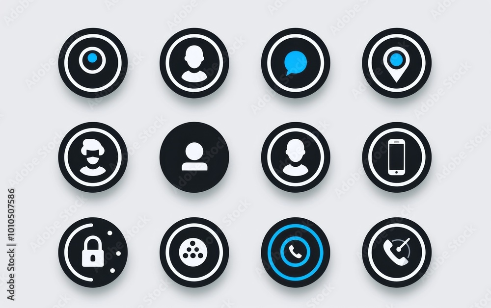 a set of icons for contact details, such as phone number and eCapcentre icon, black on white background with blue accents, circular shapes, flat design style, modern and professional appearance, vecto a set of icons for contact details, such as phone number and eCapcentre icon, black on white background with blue accents, circular shapes, flat design style, modern and professional appearance, vecto