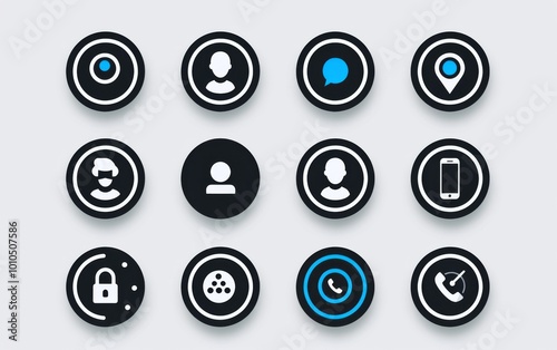 a set of icons for contact details, such as phone number and eCapcentre icon, black on white background with blue accents, circular shapes, flat design style, modern and professional appearance, vecto