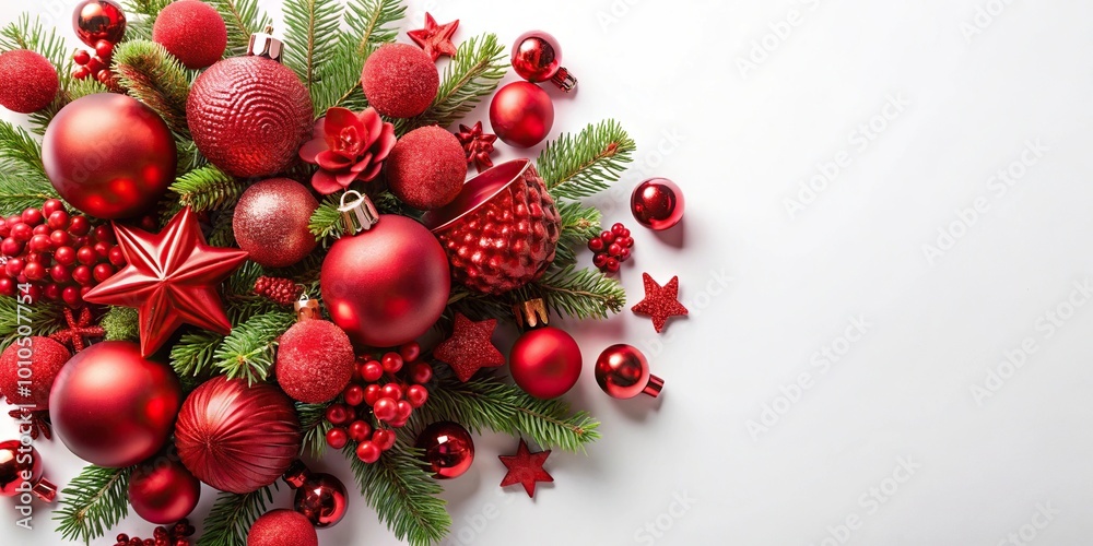 festive centerpiece decorated with red Christmas objects on white background