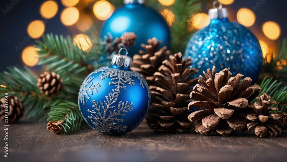 Christmas background with blue baubles, pine cones and bokeh. Beautiful christmas card Christmas background with blue baubles, pine cones and bokeh. Beautiful christmas card