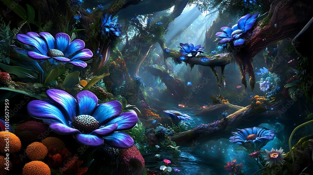 Enchanted Forest with Blue Flowers and Stream Enchanted Forest with Blue Flowers and Stream