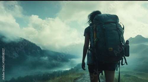 A Woman With Backpack Walks Towards Mountainous Landscape