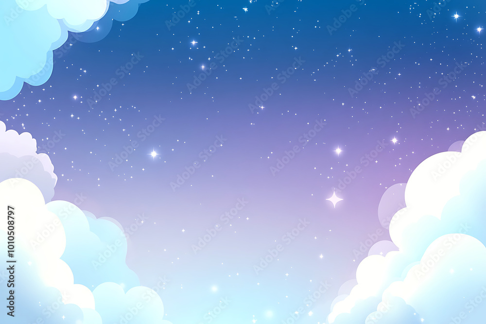 Obraz premium Fancy frame illustration background with fluffy clouds and stars