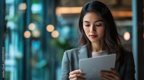 A Young Woman Uses a Tablet in a Modern Office Setting