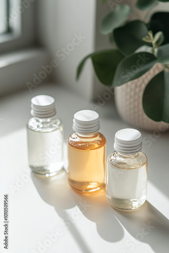 Travel-sized shampoo and conditioner bottles on a white surface photo