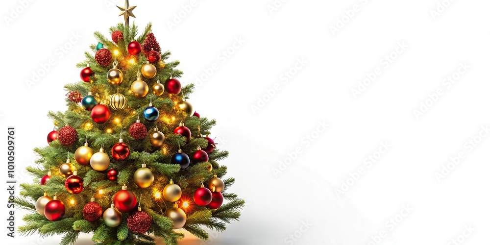 Festive Christmas tree adorned with ornaments and lights isolated on white background Festive Christmas tree adorned with ornaments and lights isolated on white background