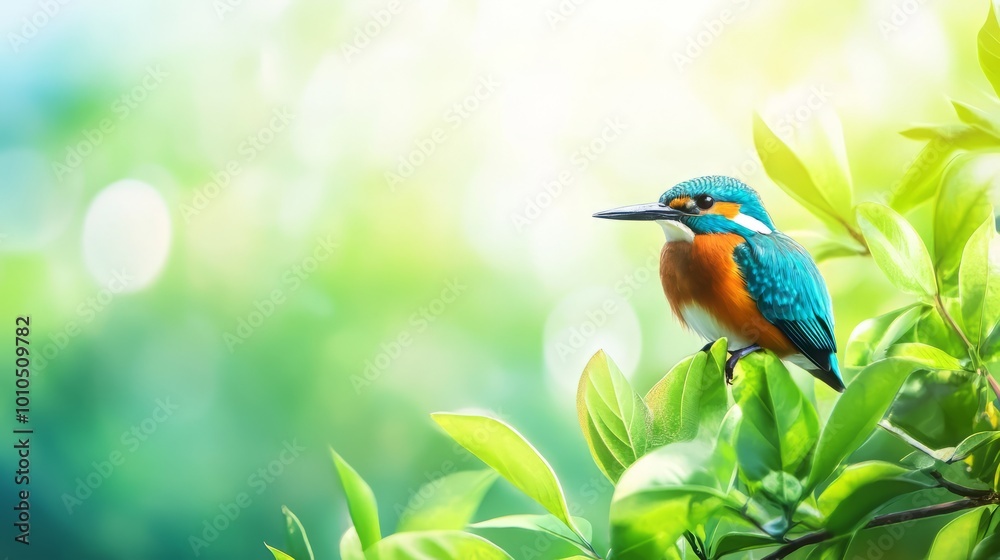 Fototapeta premium Colorful Kingfisher Perched on Verdant Branch