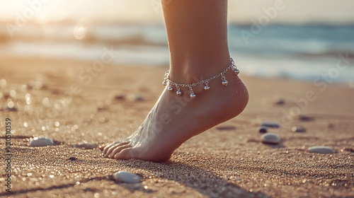 A shimmering silver anklet, embellished with delicate charms, rests gracefully on a sunlit foot atop soft, warm sand.