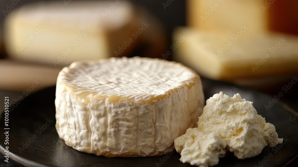 A round cheese on a plate with a dollop of fresh cheese beside it.