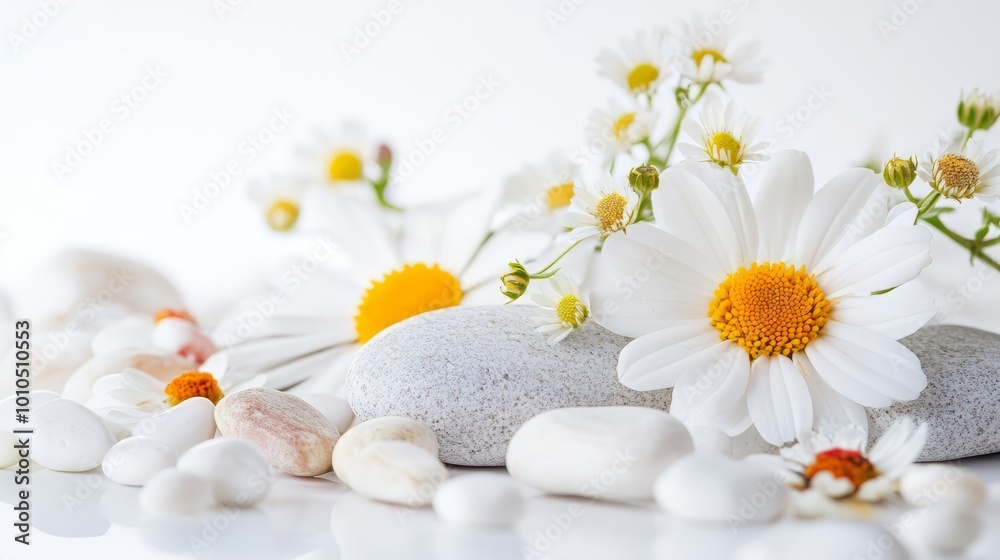 Serene Floral Arrangement with Daisies and Pebbles on a Natural Background Serene Floral Arrangement with Daisies and Pebbles on a Natural Background