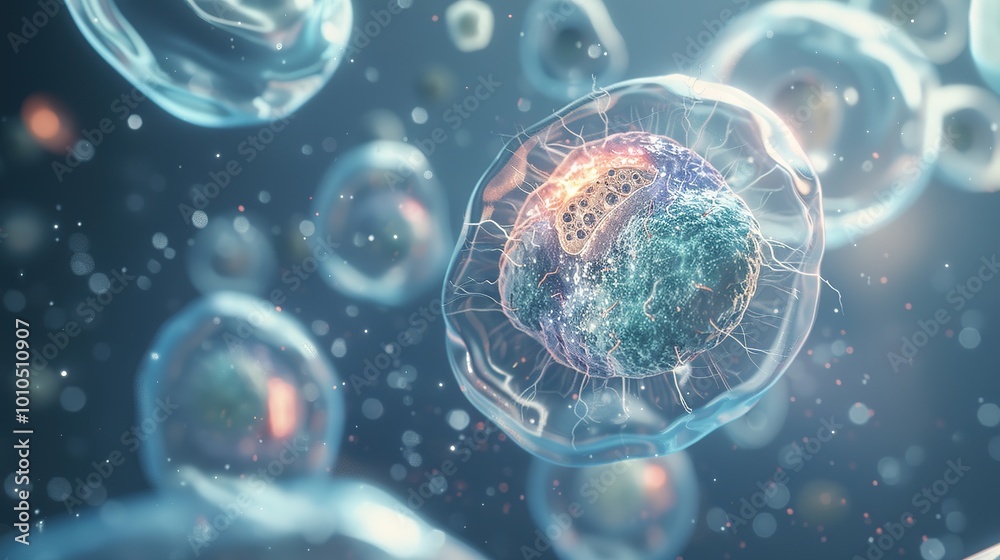 Close-up of a decaying cell showing signs of disintegration, contrasting with healthy cells in the blurred background. microscopy,micrograph,biological imaging,biological decay, the fragility of life Close-up of a decaying cell showing signs of disintegration, contrasting with healthy cells in the blurred background. microscopy,micrograph,biological imaging,biological decay, the fragility of life