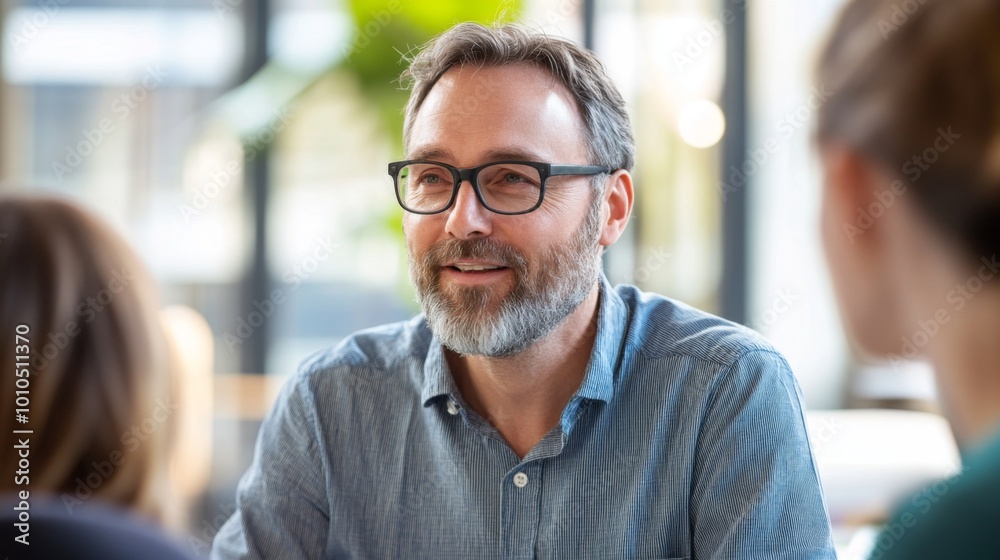 Middle-aged man with grey beard and glasses looking to the left, smiling Middle-aged man with grey beard and glasses looking to the left, smiling