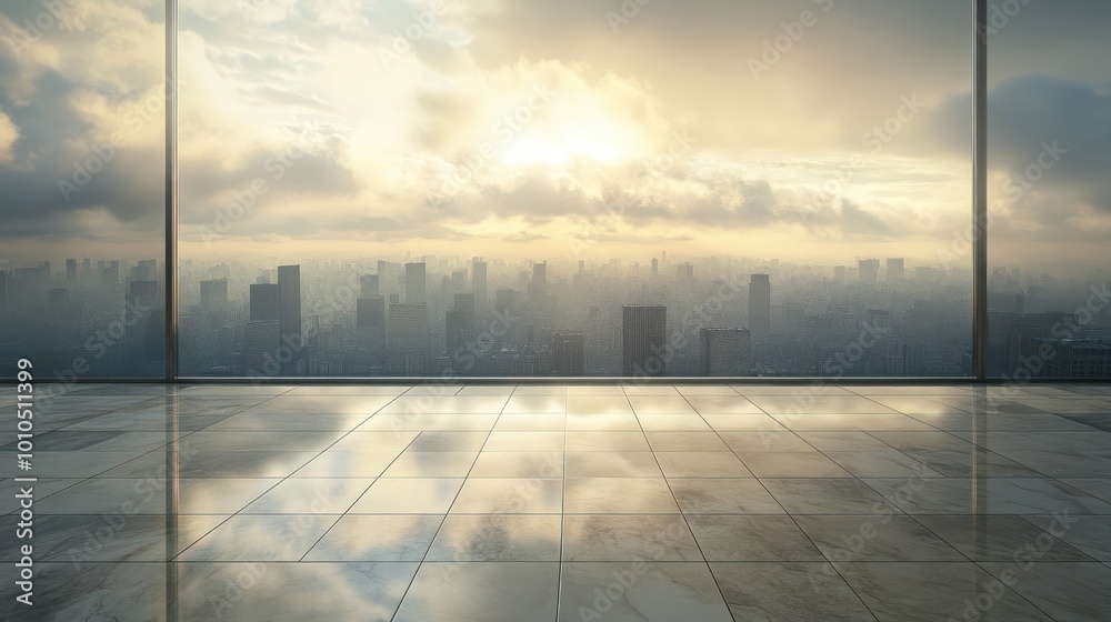 Fototapeta premium Empty tiled floor with cityscape view and cloudy sky.