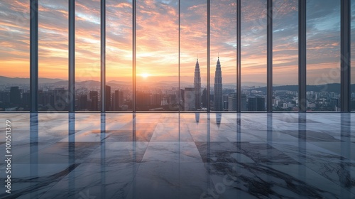 Empty marble floor with a cityscape of Kuala Lumpur at sunrise  featuring a vast panoramic view and a stunning copy space image.