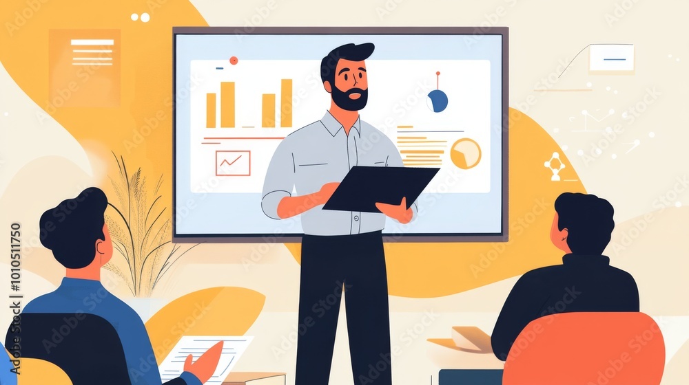 Businessman Presenting Data on a Screen to Two Colleagues Businessman Presenting Data on a Screen to Two Colleagues
