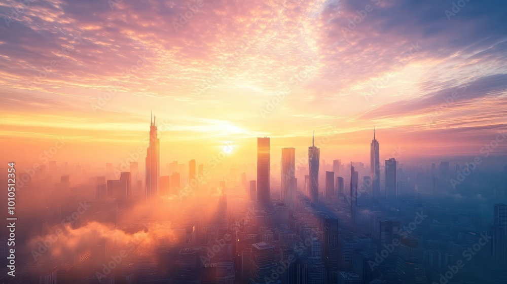 Futuristic cityscape at sunrise - generative ai Futuristic cityscape at sunrise - generative ai