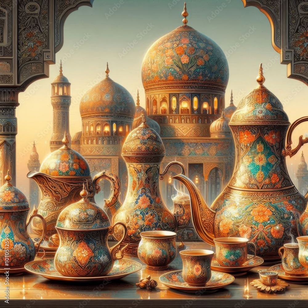 Traditional Arabic Tea Set with Cups and Plates, Beautiful Hand-Painted Design Traditional Arabic Tea Set with Cups and Plates, Beautiful Hand-Painted Design