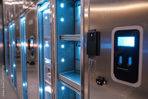 A row of illuminated lockers with a digital interface for secure storage.