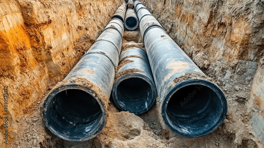 Three large pipes are laid in a trench, surrounded by soil, indicating infrastructure work or installation for drainage or utility purposes. Three large pipes are laid in a trench, surrounded by soil, indicating infrastructure work or installation for drainage or utility purposes.