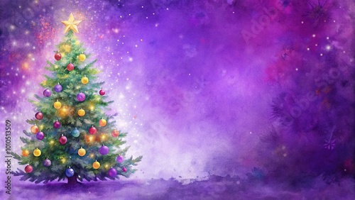 festive holiday wallpaper with watercolor christmas tree on purple background