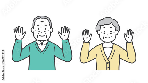 両手を上げる後期高齢者男女の上半身イラスト
