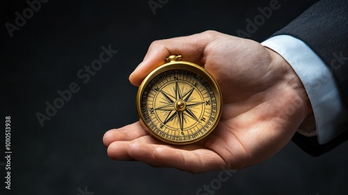 Hand holding a compass, Concept of Strategic orientation in business or marketing. Purpose and direction in business.