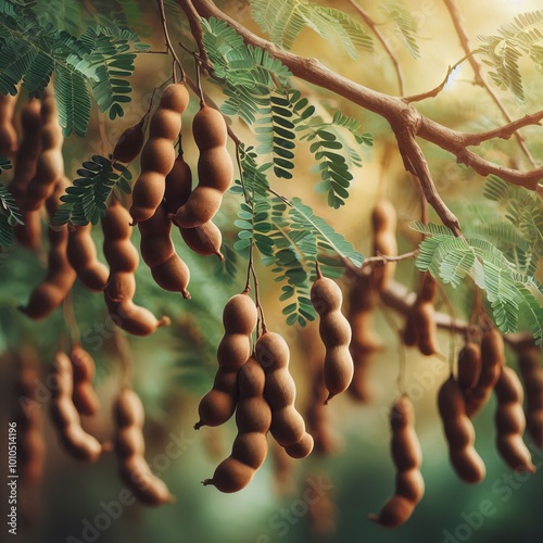 Tamarind Pods on a Tree Brown tamarind pods hanging from a tree photo