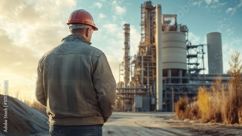 A worker in a hard hat gazes at an industrial facility during sunset, embodying the intersection of labor and technology.