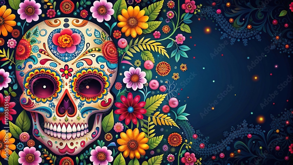 Festive sugar skull background with copy space from overhead Festive sugar skull background with copy space from overhead