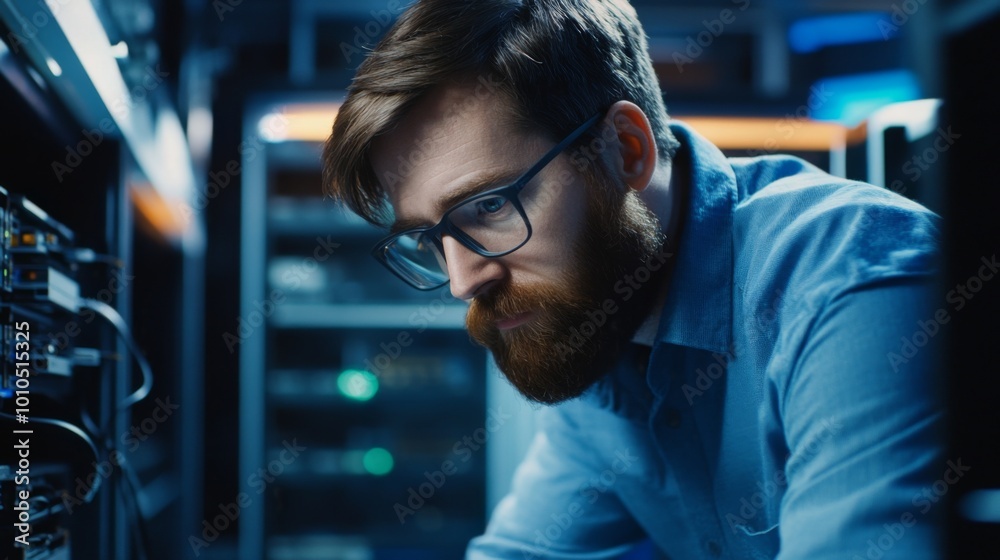 Bearded Man in Glasses Inspecting Server Rack in Data Center Bearded Man in Glasses Inspecting Server Rack in Data Center