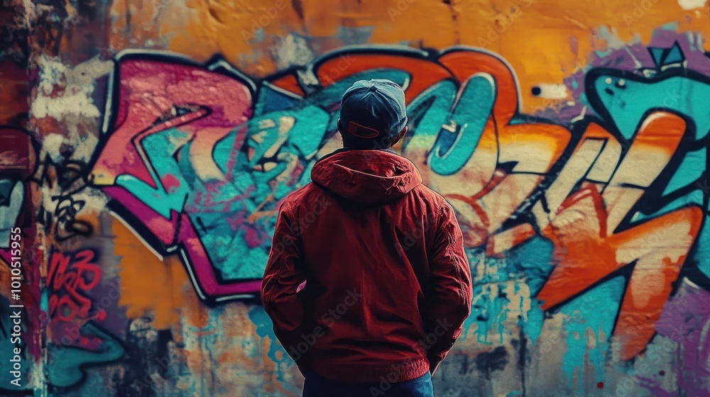 Man portrait with urban graffiti, set against a vibrant, graffiti-covered wall, capturing the essence of street culture and urban coolness. Man portrait with urban graffiti, set against a vibrant, graffiti-covered wall, capturing the essence of street culture and urban coolness.