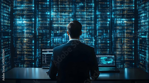 A Man in a Suit Sits Before a Wall of Servers  Looking at the Blue Digital Data Displaying on Their Screens  in a Dark Room