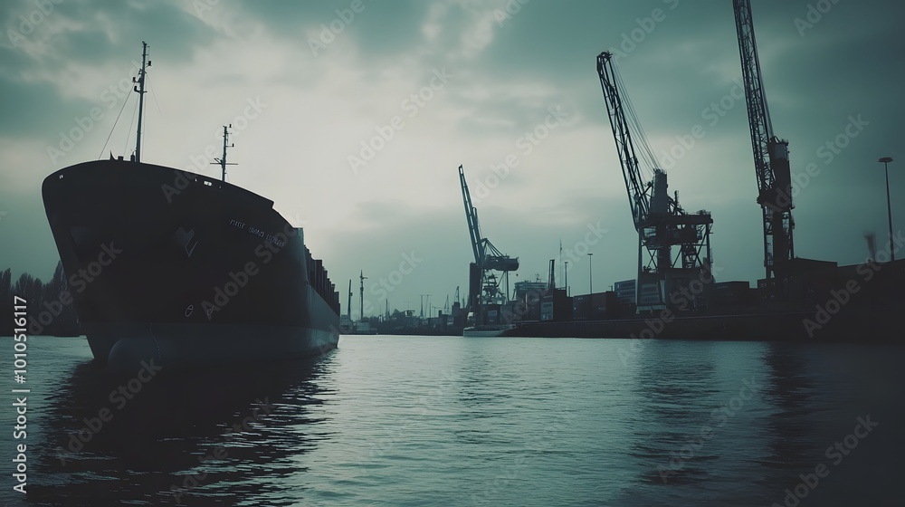 Large cargo ship docked at a port with cranes and containers, symbolizing a port strike, highlighting the scale of the port and the absence of activity Large cargo ship docked at a port with cranes and containers, symbolizing a port strike, highlighting the scale of the port and the absence of activity