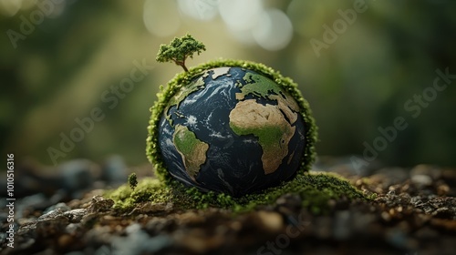 A miniature globe surrounded by green foliage and resting on a bed of pebbles