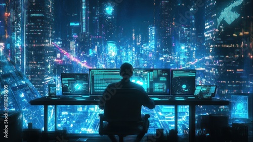Wallpaper Mural A Silhouetted Figure Works at a Computer With a Futuristic Cityscape View Torontodigital.ca