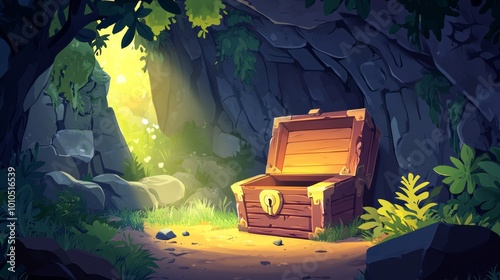 Illustration of a opened treassure chest inside a forest cave, cartoon style, game wallpaper photo