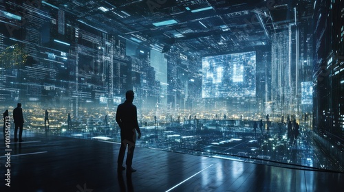 Silhouette of a Man Gazing at a Futuristic Cityscape with Glowing Digital Lines