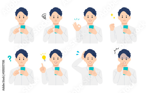 スマホを見ながらいろいろな表情･ポーズをする若い男性のセット【人物ベクターイラスト素材】