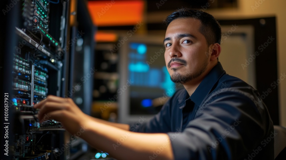 A Man Working on a Server Rack in a Data Center A Man Working on a Server Rack in a Data Center