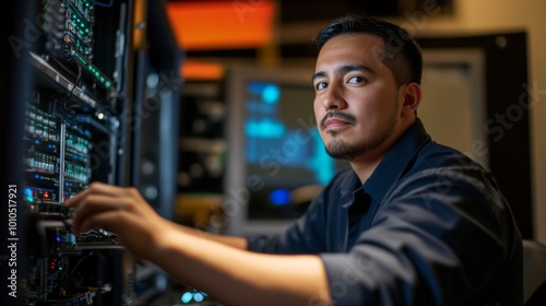 A Man Working on a Server Rack in a Data Center