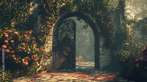 3d render illustration of an magical old gate with ivy and flowers leading to an enchanting garden. Enchanted Garden. Illustration photo